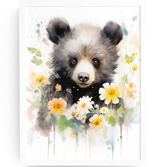 Watercolor Floral Black Bear Portrait Wall Art Illustration Print Unframed - Picture 1 of 5